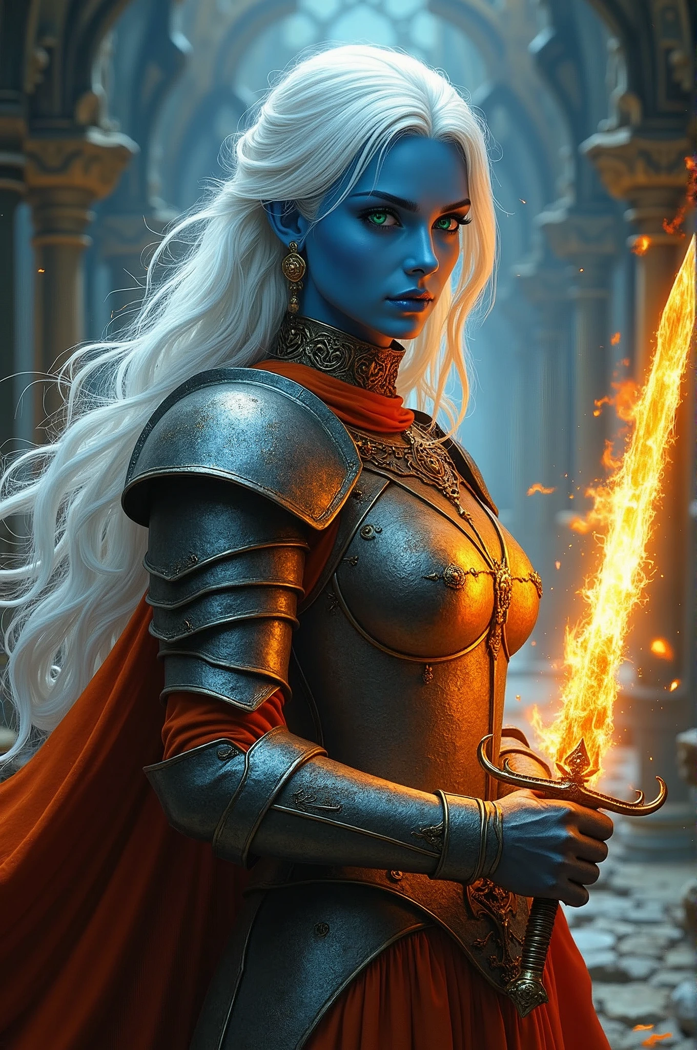 fantasy art, dnd art, RPG art, drkfntasy wide shot, (masterpiece: 1.4) portrait, intense details, highly detailed, photorealistic, best quality, highres, glowing particle portrait a vedalken female (fantasy art, Masterpiece, best quality: 1.3) (blue skin: 1.5), intense details facial details, exquisite beauty, (fantasy art, Masterpiece, best quality)cleric, (blue colored skin: 1.5) blue skinned female, (white hair: 1.3), long hair, intense green eye, fantasy art, Masterpiece, best quality) armed a fiery sword red fire, wearing heavy (white: 1.3) half plate mail armor CM-Beautiful_armor wearing high heeled laced boots, wearing an(orange :1.3) cloak, wearing glowing holy symbol GLOWING EARRINGS, within fantasy temple background, reflection light, high details, best quality, 16k, [ultra detailed], masterpiece, best quality, (extremely detailed), close up, ultra wide shot, photorealistic, RAW, fantasy art, dnd art, fantasy art, realistic art,