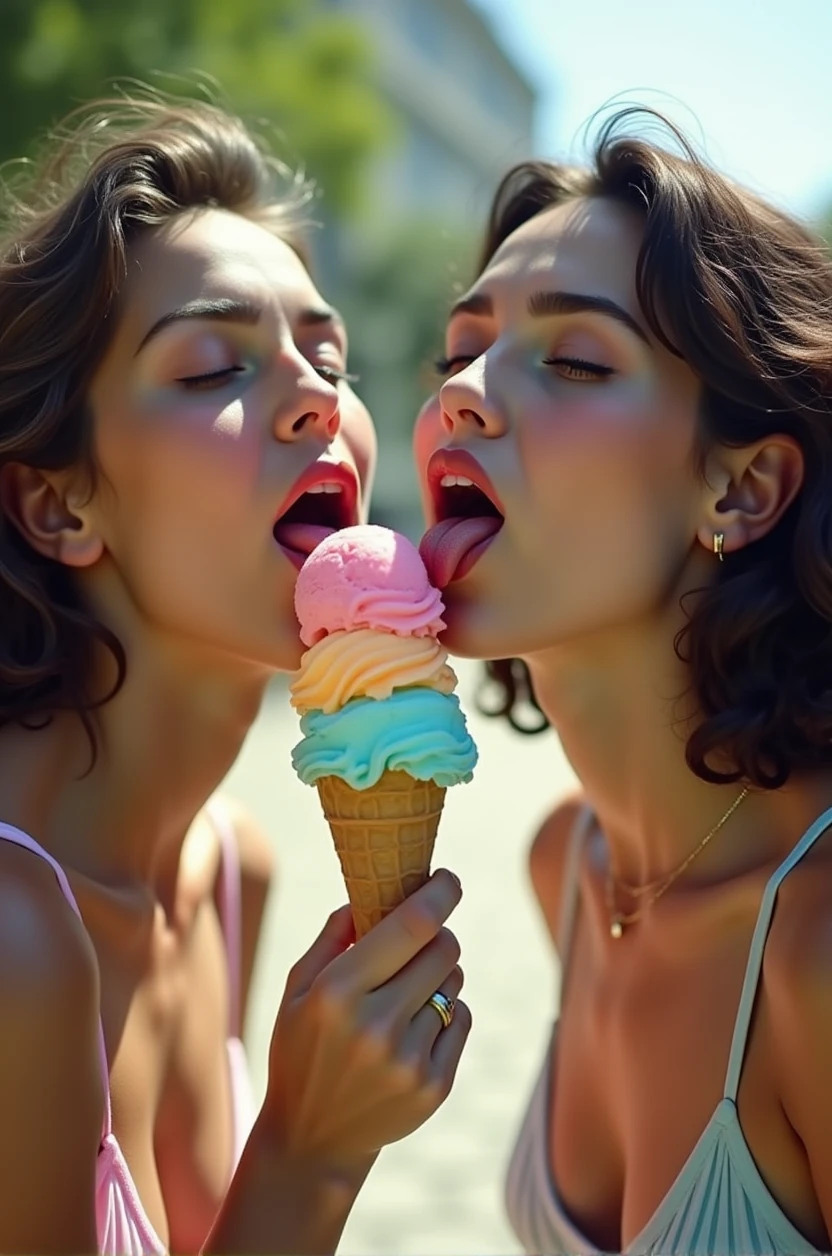Medium format analog photography, Playful moment captured between two Instagram models, Symmetrical composition, Both models licking same ice cream, Tongues out, Eyes closed, Vibrant ice cream colors, Summer setting, Bright sunlight, Shot with a Canon AE-1, 50mm f/1.8 lens, Soft background blur,