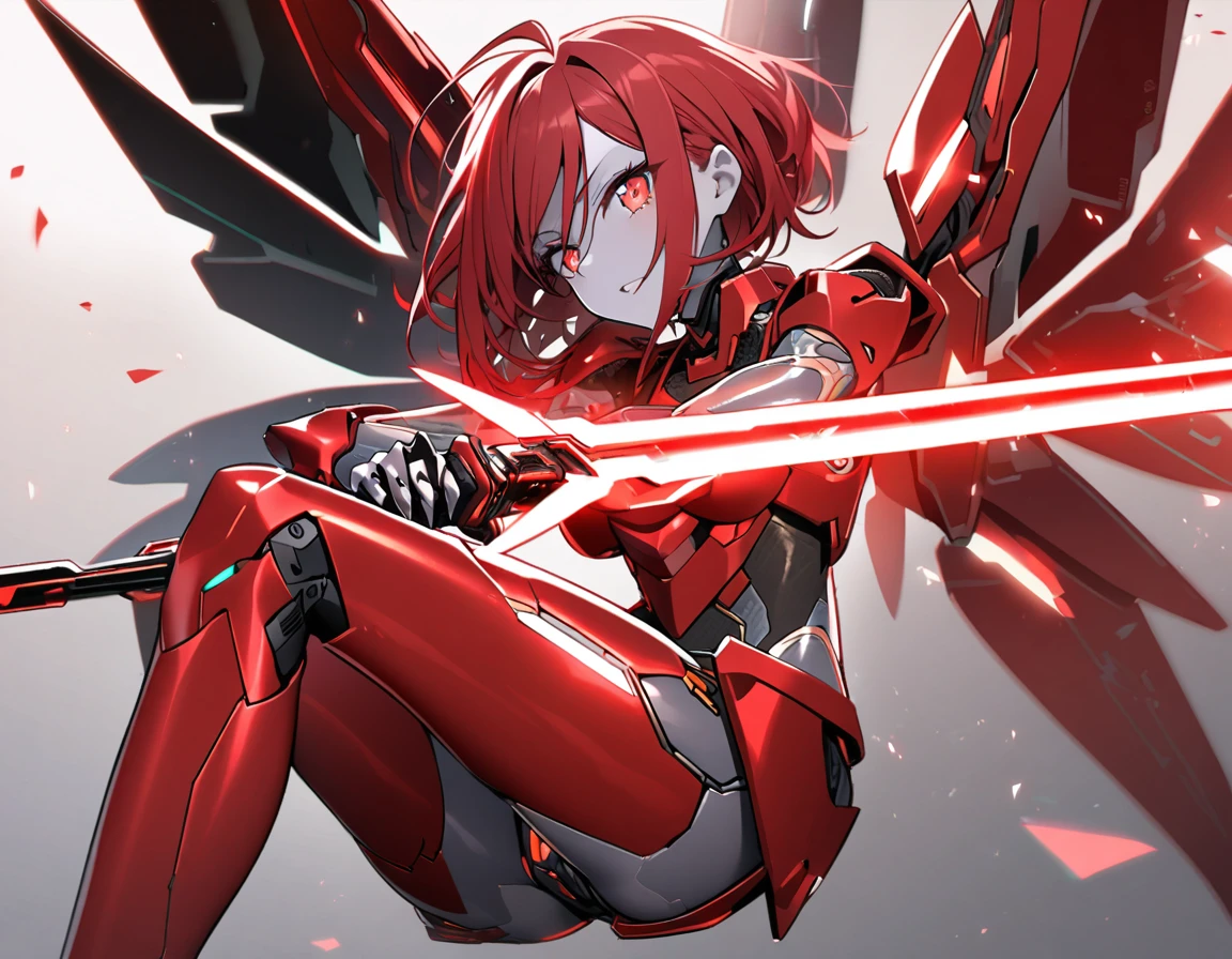 science fiction, android girl(metallic skin, cyber joint, red hair, red flash eyes, red armor legs, shining wings), have a red-beam sword,