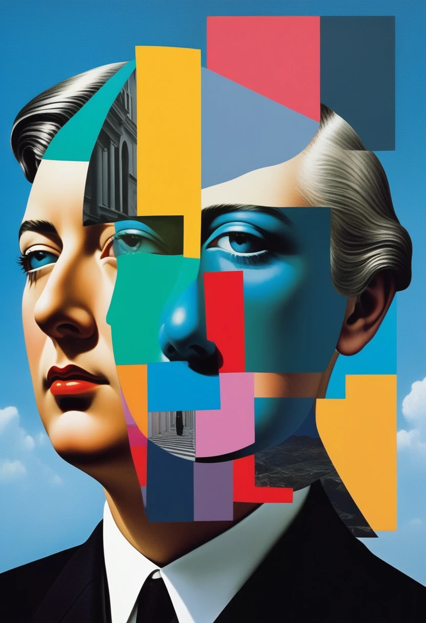 René Magritte，Surreal and strange dislocation art：Collage，There are many different things on the faces，RGB scale neon colors, Geometric Dislocation，Collage, Hollow，Artistic sense，Painting，paint，Simple, \orchestra\
