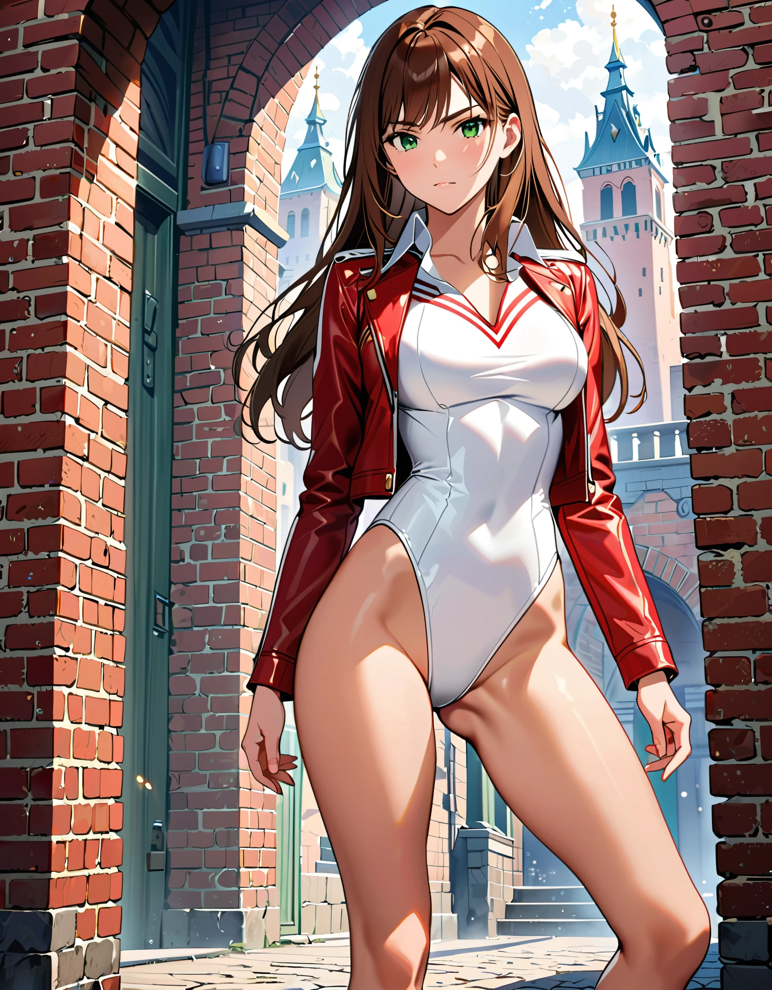 (masterpiece), (best quality), (high res), 1lady, tall body, beautiful detailed eyes, beautiful detailed face, (serious), perfect hands, complete fingers, perfect anatomy, perfect proportions, ((brown hair, medium hair, hair down)), ((green eyes)), ((leotard, white leotard, matching leotard)), ((white dress collar, open collar)), ((bare legs)), ((boots, matching boots, ankle-high boots, red boots)), breasts, medium breasts, (close-up), looking at viewer, (solo, solo focus), standing, clenched fist, cowboy shot, brick wall, ((yellow upside-down chevron \(symbol\) on chest)), ((red leather jacket, open jacket)), full body costume design.