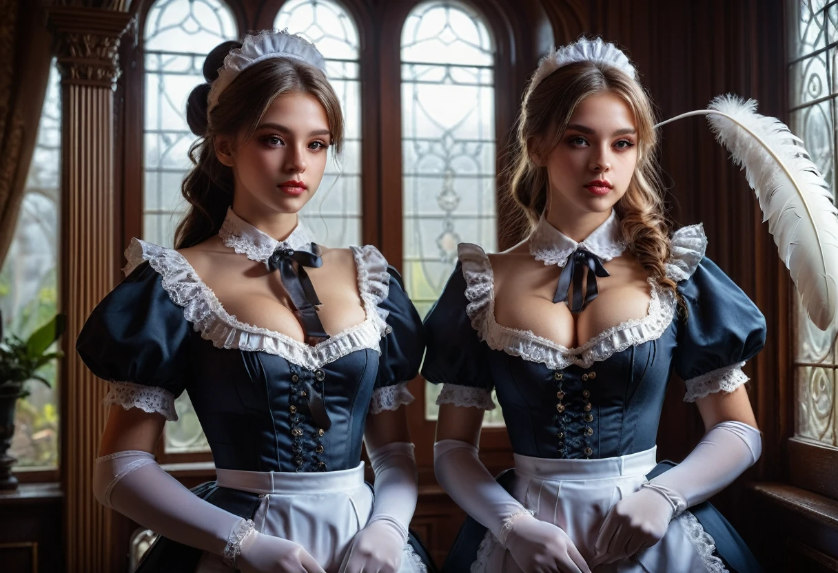 2girls, Maid Outfit, a beautiful maid with long straight hair, detailed eyes, detailed lips, extremely detailed face, long eyelashes, intricate maid uniform with lace and ribbons, holding a feather duster, standing in a luxurious victorian-style room, window light, dramatic lighting, cinematic composition, highly detailed, photorealistic, 8k, masterpiece, big breast