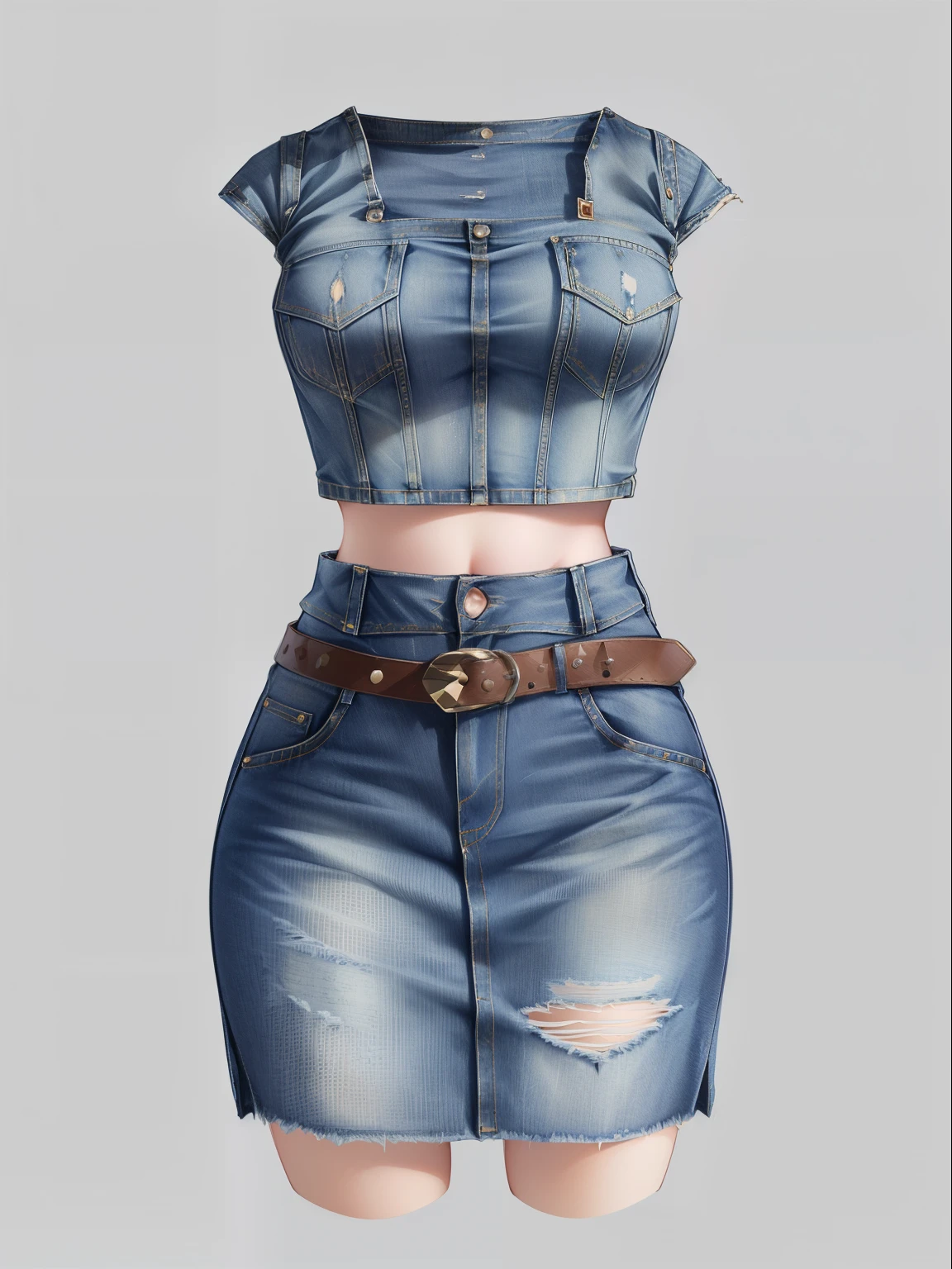 a close up of a denim skirt and crop top with a belt, mini jeans skirt, denim, intriguing outfit, sexy outfit, cut out, very sexy outfit, wearing crop top and miniskirt, wearing denim, double denim, blue outfit, fashion clothing, outfit design, complex outfit, with two front pockets, tight outfit, sexy look, top down view