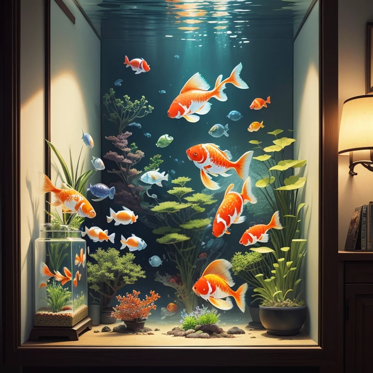 Masterpiece, best quality, high quality, 1fish Bowl, on top of a table, next to a window, fishes swimming and floating in the water, Aquarium, fish tank, Terrarium, Goldfishes, floating goldfish, big aquarium, graphic of enchanted terrarium, lamp ( ( ( fish tank ) ) ) ), fantasy magical vegetation, ( ( ( Koi colors ) ) ), 4k hd, beautiful art uhd, a beautiful artwork illustration, beautiful digital painting, highly detailed digital painting, beautiful digital artwork, very detailed digital painting, rich of colors, Gorgeous, sunny day