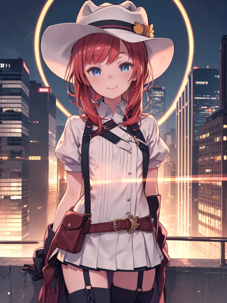 score_9, score_8_superior, score_7_superior, とてもbeautiful, sauce_anime, detailed, high quality, beautiful, masterpiece, detailed eyes, Cityscape, Blurred Background, Cowboy Shot, superiorper body, Hat Adjustment, A light smile, Mouth closed, Gemini Sunrise, Redhead, ponytail, blue eyes, freckles, Side Lock, belt, Thigh straps, Cowboy hat, Cowboy boots, Fringe trim, gloves, mini skirt, Short sleeve,, PDXL Information
