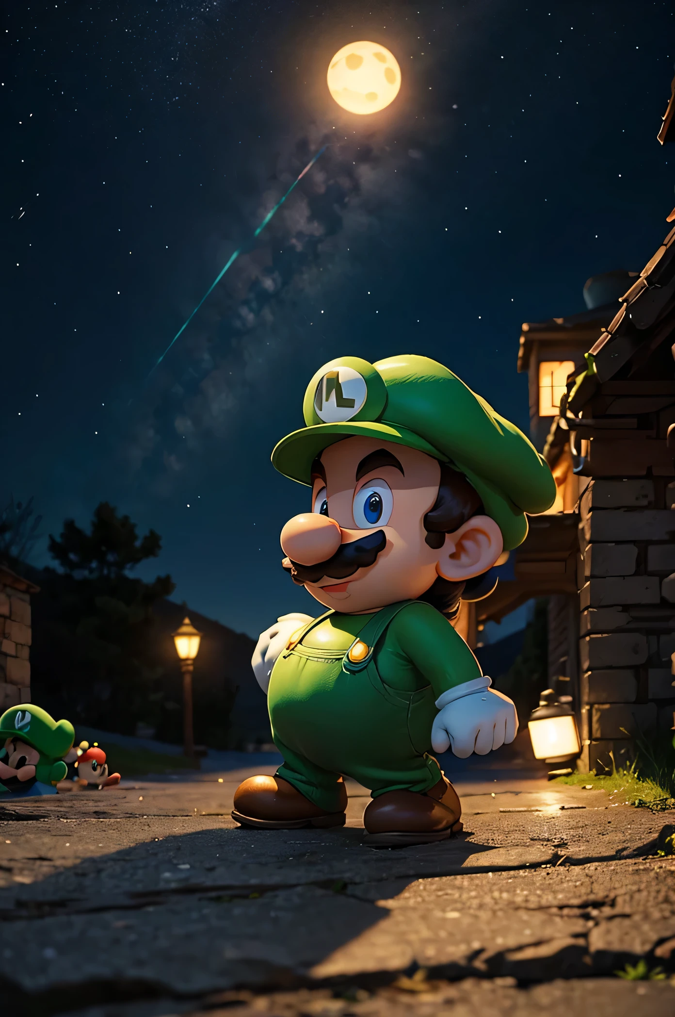 Create Mario Bros in the dark looking for Luigi 