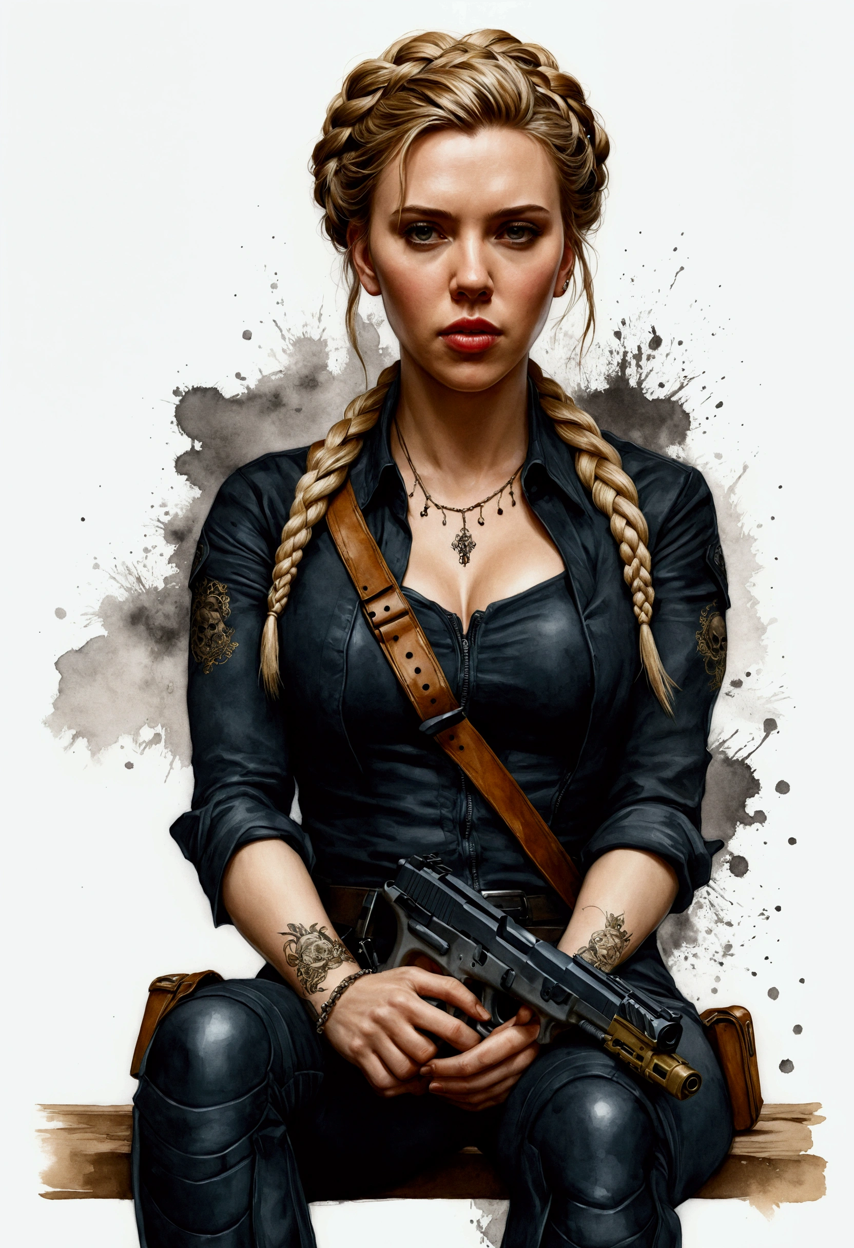 Scarlett Johansson sticker of a braided blonde costume full body image of a beautiful woman sitting and holding a glock, knee tights, rosto bonito altamente detalhado, Sugar Skull, arte banksy, rosas, caveiras, liberdade, soul, digital illustation, comiс style, steampunk noir, Approaching perfection, dynamic, altamente detalhado, pintura em aquarela, artstation, arte conceitual, suave, foco nítido, illustration, arte por Carne Griffiths e Wadim Kashin,
