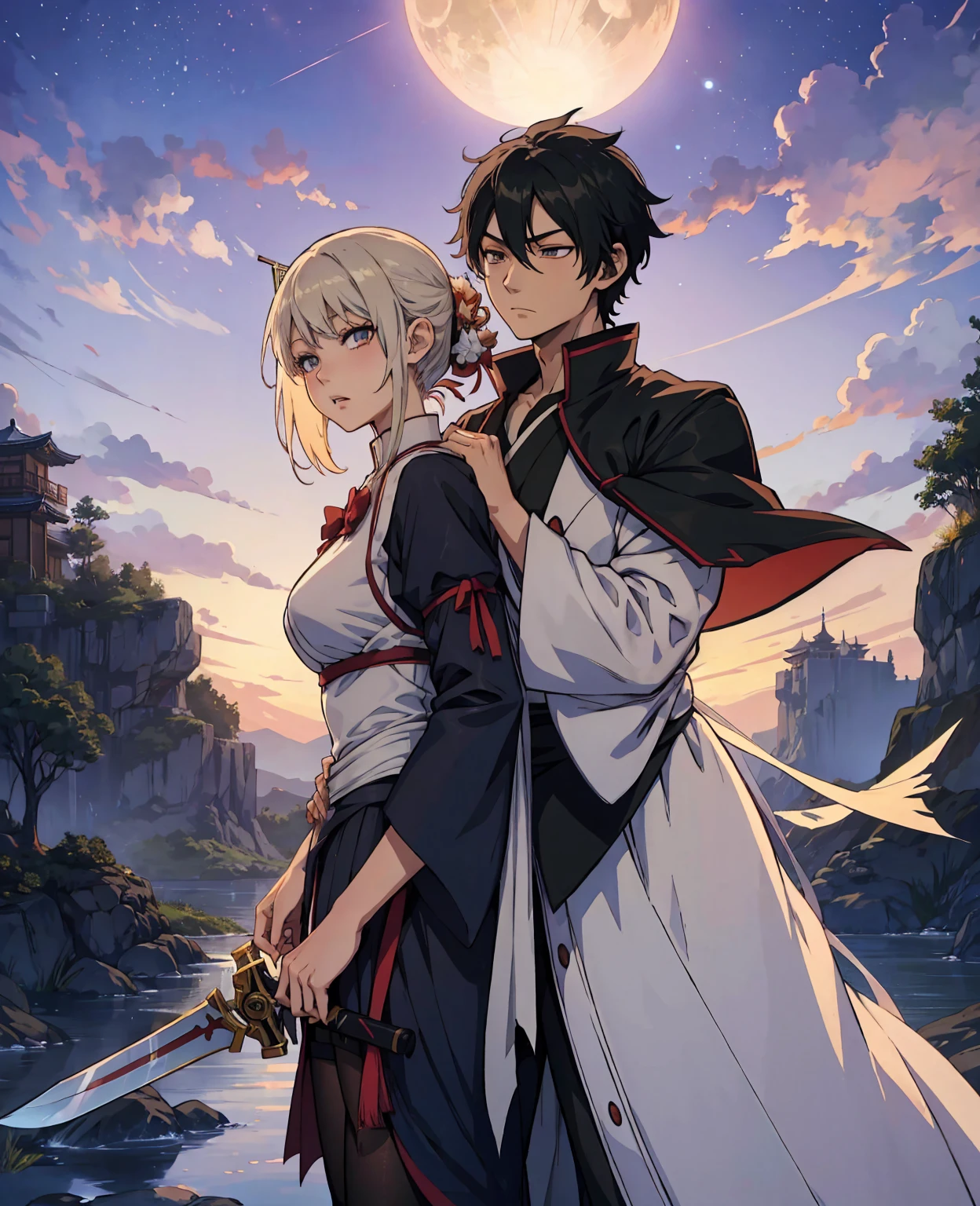 Anime couple with sword and clothes in the wind, Yandere, by Kanamoto Village, Yandere. Takao, Gapmoe Yandere, Zerochan Art, Shingei, Zerochan, high quality fanwork inspired by Masanobu Okumura, anime style, Japanese anime style, they are siblings, anime styles such as Fate/Stay Night, Shota, Lori