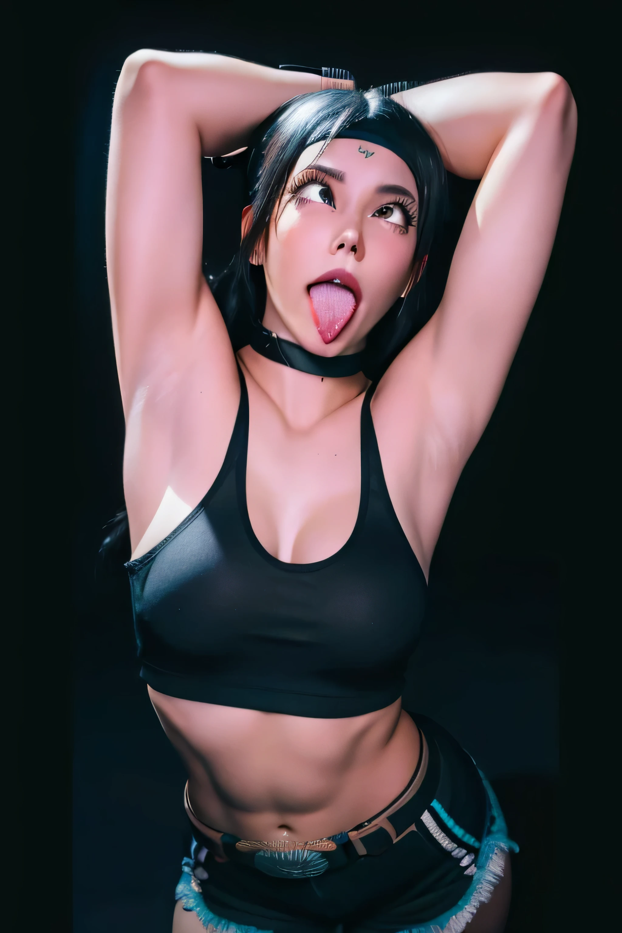 1 girl, standing, Julia Chang,18 years old, Cups, Black thighs, tanned skin,arm warmers, , shorts, brownish black hair, big chest, big ass, medium breasts,capture anime screen, mature appearance,armpits,sweat,sweaty,sweaty armpits,arms up,showing armpits,awesome armpits,outfit, black arm warmers, black arm bands, arm warmers