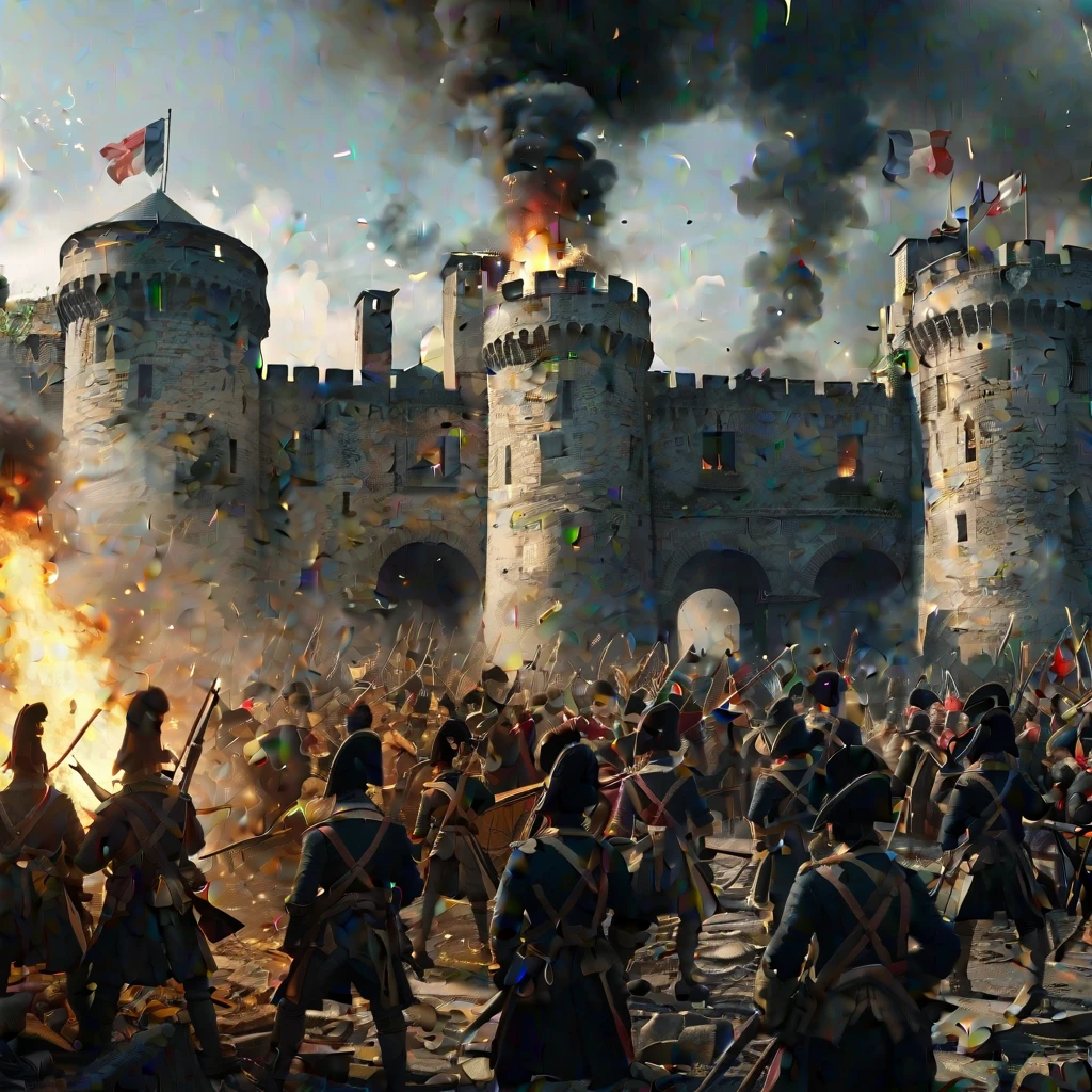 A detailed 8K depiction of the storming of the Bastille during the French Revolution, with angry revolutionaries wielding muskets and torches. The fortress looms large in the background, its stone walls marked by the signs of conflict. Historical accuracy, high detail, dramatic lighting."
