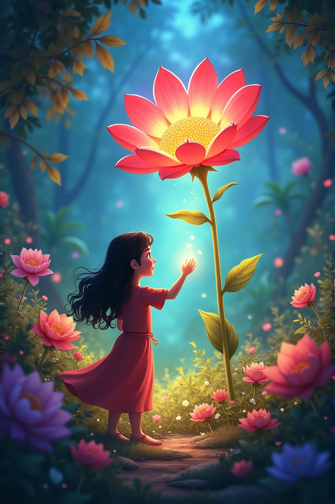 Scene 5: The Flower of Hope Description:
Haya comes across a giant flower in the center of the garden, with petals that shine in different colors. She touches the flower and a wave of soft light spreads across the garden., making all the flowers and plants around take on a new life and color. The camera focuses on the expression of wonder and hope on Haya&#39;s face, while the garden transforms into a spectacle of colors and lights. she smiles, feeling a deep connection to the beauty around you.