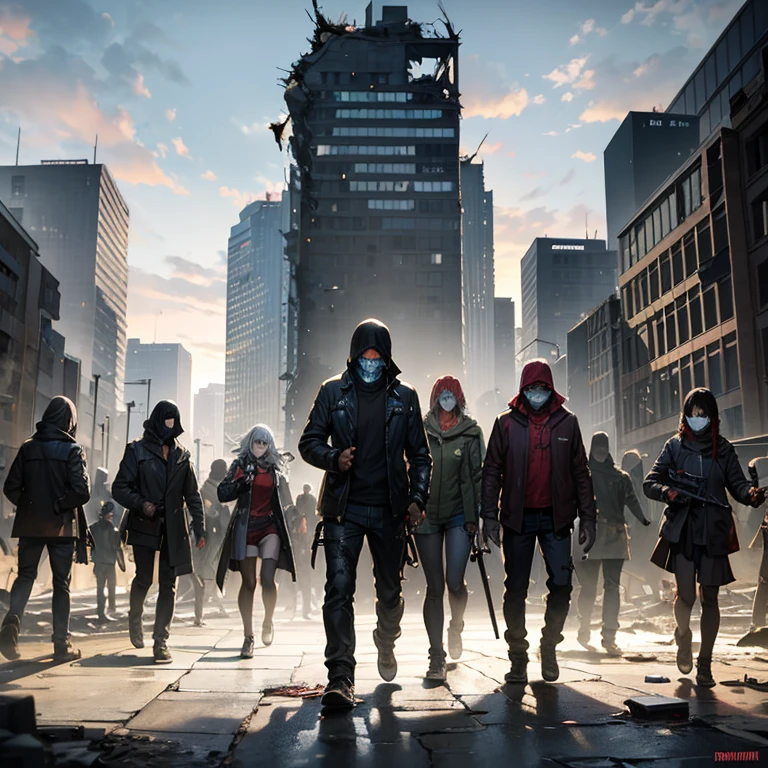 create a group of zombie walked through the destroyed city