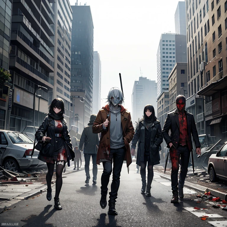 create a group of zombie walked through the destroyed city