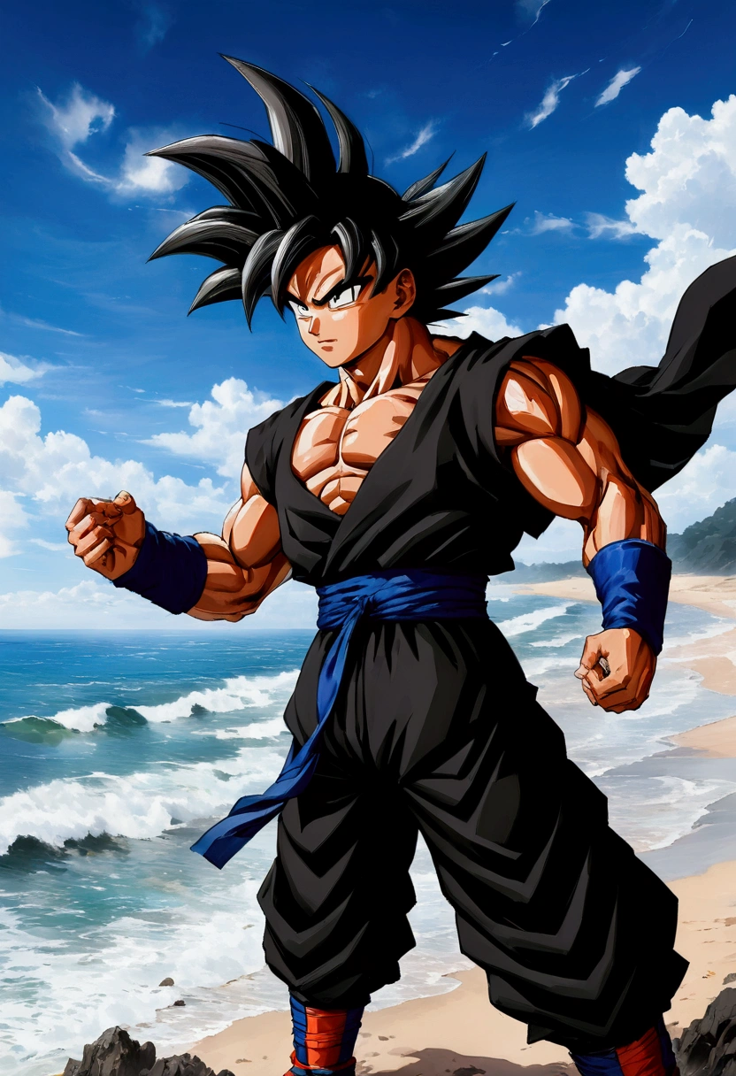 ((masterpiece)) ((Best Quality)) ((Better resolution)) ((Black Goku)) black Goku is similar to Goku, but evil)) ((watching the sea with a woman))