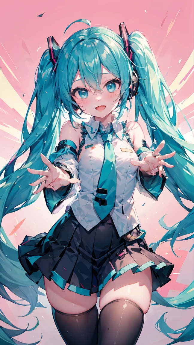 1girl, solo, long hair, looking at viewer, smile, open mouth, bangs, skirt, simple background, shirt, hair ornament, thighhighs, hair between eyes, bare shoulders, twintails, very long hair, blue hair, white shirt, cowboy shot, pleated skirt, detached sleeves, necktie, sleeveless, collared shirt, black thighhighs, miniskirt, black skirt, aqua eyes, zettai ryouiki, sleeveless shirt, aqua hair, headphones, pink background, outstretched arm, grey shirt, red background, headset, blue necktie, outstretched hand, black sleeves, aqua necktie, hatsune miku,small breast,fat thighs