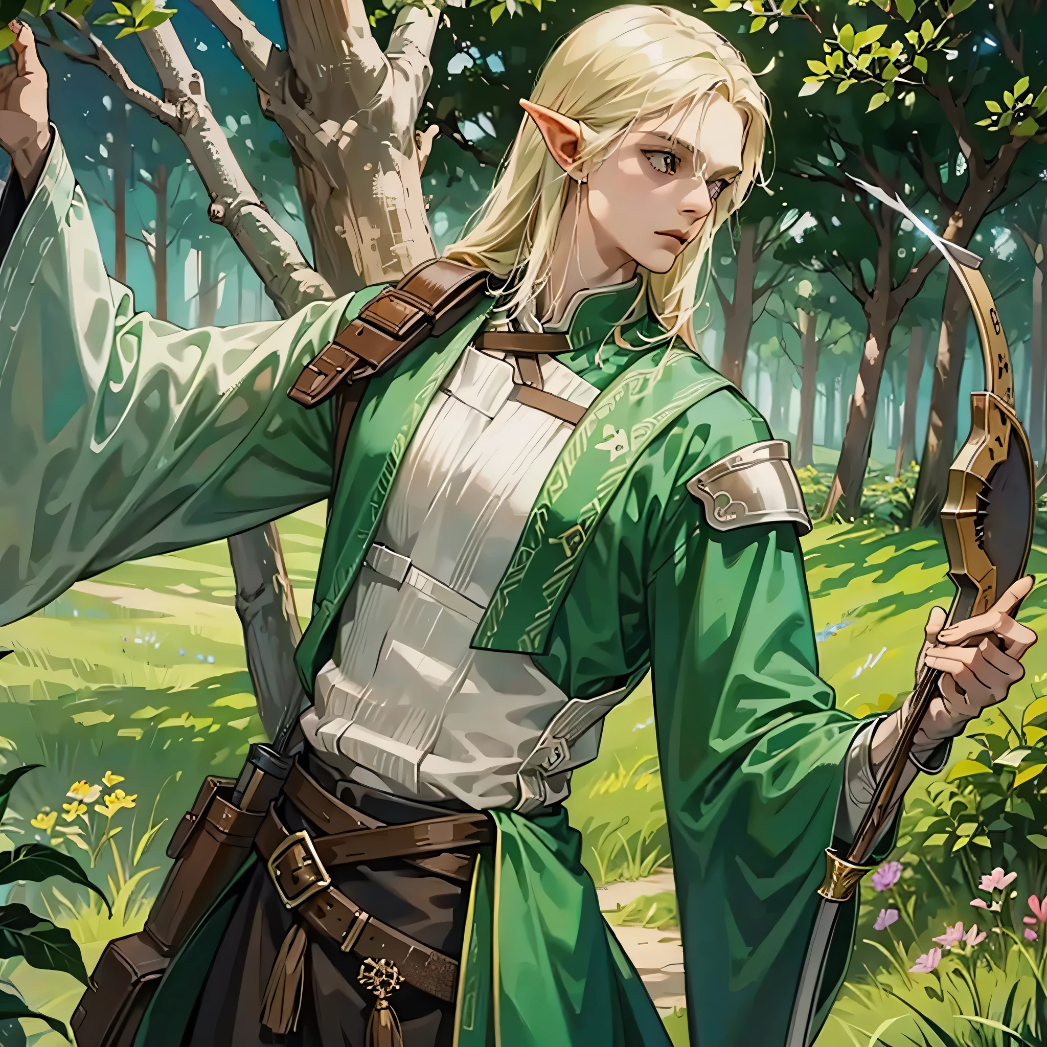Wood Elf Archer Bard, leather armor, with forest spirits. Aiming with his bow and arrow shooting to kill