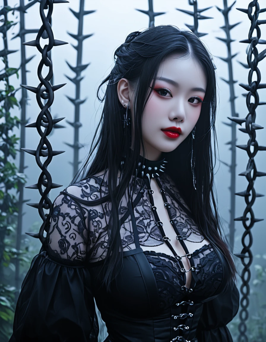 image Korean woman in her twenty fifth year wearing a gothic outfit her hair is made up with silver strands intertwine with her hair a moody background of spikes darkness spirals behind the mist hanging in the garden in the evening