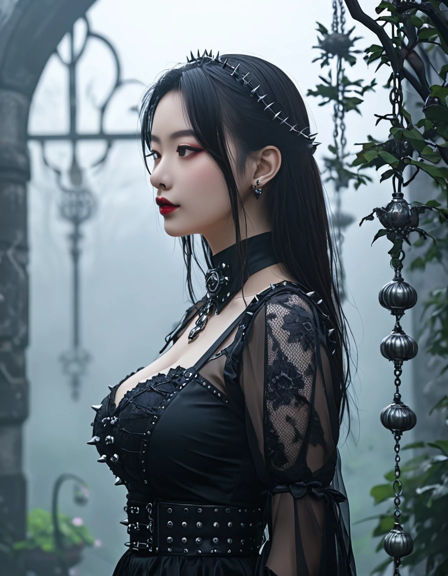  image Korean woman in her twenty fifth year wearing a gothic outfit her hair is made up with silver strands intertwine with her hair a moody background of spikes darkness spirals behind the mist hanging in the garden in the evening