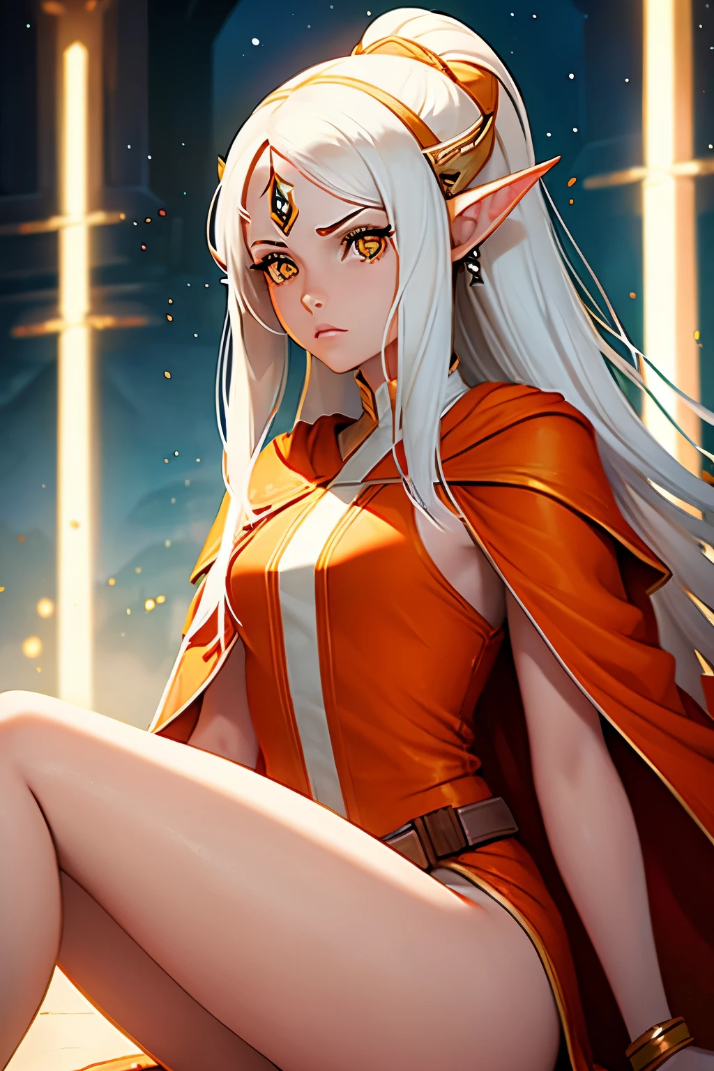 star wars clone wars, young woman, elven woman, pointed ears, pale orange skin, peach skin, red face tattoos, knee-length hair, white hair, orange eyes, white and gold robes, senator, regal, very beautiful