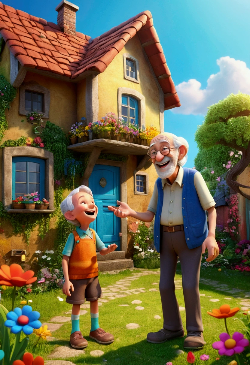 3D cartoon ??? and old man standing, old man laughing to a kid, ??? laughi g to the old man, very macigal cozy house and colorful garden, like wonderland, ??? holding a flover in his hand, sumny day