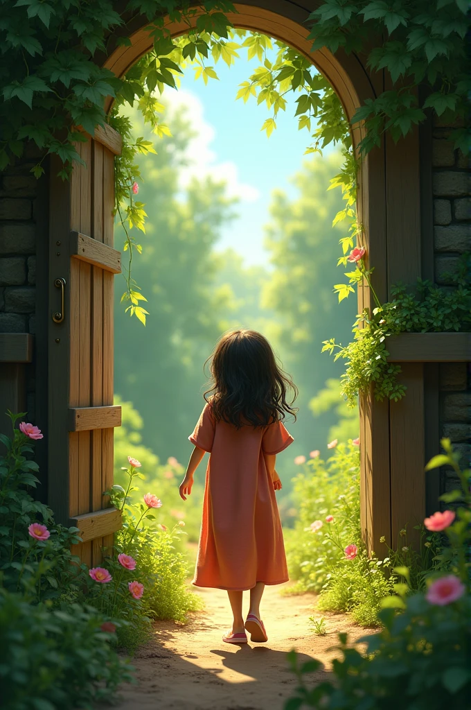 Cena 7: Farewell to the Garden Description:
As Haya&#39;s dream comes to an end, she says goodbye to the garden and the inhabitants she found. They hug and wish her happiness and success. Haya walks back through the gate, now with a peaceful smile on his face and a sparkle in his eyes. The camera follows her as she walks away from the garden, with one last look at the magical place you now hold in your heart. The scene ends with Haya waking up in her bed., the face illuminated by an expression of peace and hope.