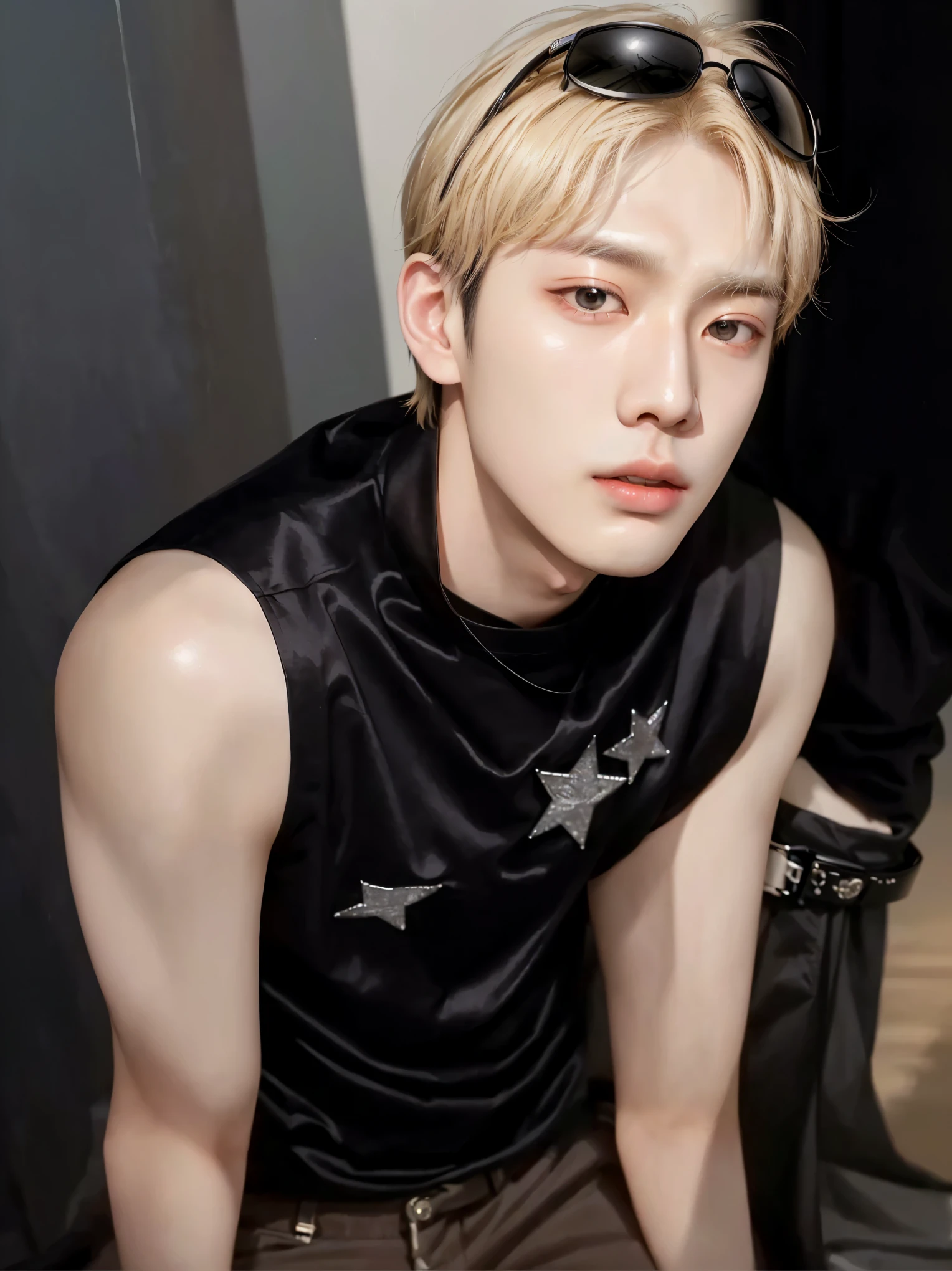 A close-up of a person wearing a black shirt and sunglasses, Jinyoung Shin, Jung Jaehyun, Kim Doyoung, Cai Xu Kun, Hyung Tae, pale korean adorable face, hong june hyung, bright from the rain, Kpop idol portrait, TaeJune Kim, taken in the early 2020s, threatening look, korean kpop star, in black uniform