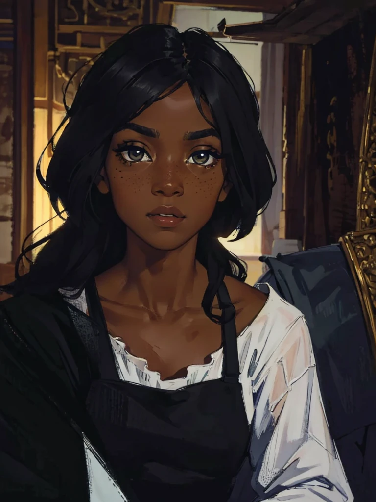 An exquisite portrait of a black African woman with deep ebony skin, photography captured in stunning 8k resolution and raw format to preserve the highest quality of details. The beauty of women is undeniable, her face commanding the frame in a close-up that reveals the intricate details of her eyes. She wears a dress that complements her radiant skin, and her eyes are portrayed with meticulous attention to detail, showing the captivating depth within. The photograph is taken with a lens that emphasizes the challenge of your gaze, and the backdrop is a dark studio environment that brings out the soft colors of the scene. Lighting and shadows are expertly crafted to highlight the richness of your skin tone and the subtle nuances of your features... Your red hair, with its distinct tone, adds a touch of warmth and contrast against your ebony skin. The interior ambiance adds a sense of intimacy, while the freckles on your skin tell their own story. the overall composition captures its essence with authenticity and grace, creating a portrait that is a celebration of your heritage and beauty. Photography by challenge512, using the best shadow and lighting techniques, to create a mesmerizing portrait that transcends the visual.