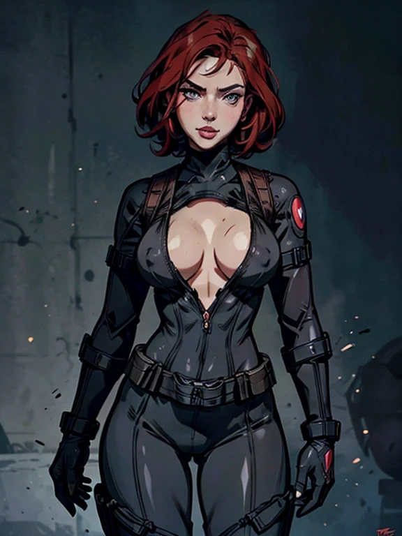 Masterpiece, PhotoRealistic, beautiful detailed eyes; Scarlett Johansson as Black Widow is often depicted in a sleek, tight black leather suit, which is designed to be both functional for combat and visually striking. Sluty makeup, glistening red lips, Her character typically exudes confidence and strength, often seen smiling or with a determined expression. In this iconic look, the costume is form-fitting with tactical details, including a low-cut neckline, cleavage showing(nipples poking), utility belt, and various accessories like wrist gauntlets and holsters. Her red hair short classic bob hairstyle, complementing her overall fierce and capable persona, she has a flirtatious smile.
