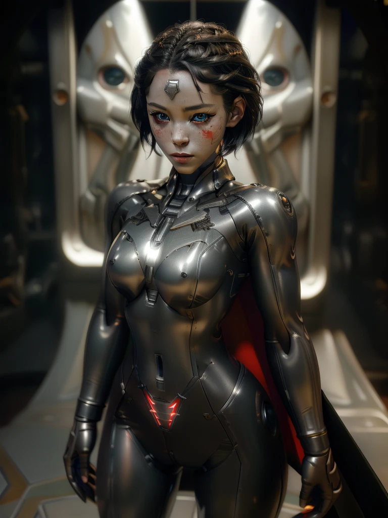 1 girl, solo, (look at viewer), ((Best quality)), ((masterpiece)), (detailed:1.4), ((upper body)), 3D, an image of a beautiful cyberpunk female,HDR (High Dynamic Range), Ray Tracing,NVIDIA RTX,Super-Resolution,Unreal 5,Subsurface scattering,PBR Texturing,Post-processing,Anisotropic Filtering,Depth-of-field,Maximum clarity and sharpness,Multi-layered textures,Albedo and Specular maps,Surface shading,Accurate simulation of light-material interaction,Perfect proportions,Octane Render,Two-tone lighting,Wide aperture,Low ISO,White balance,Rule of thirds,8K RAW, (((red eyes))), (((liquid metal black short hair))), Christina Chong beautiful face, narrowed eyes. smirk. black braided hair , (dark skin:1.2), red eyes, black hair, short hair, medium breasts, batgirl bodysuit, belt, (( batgirl amor))