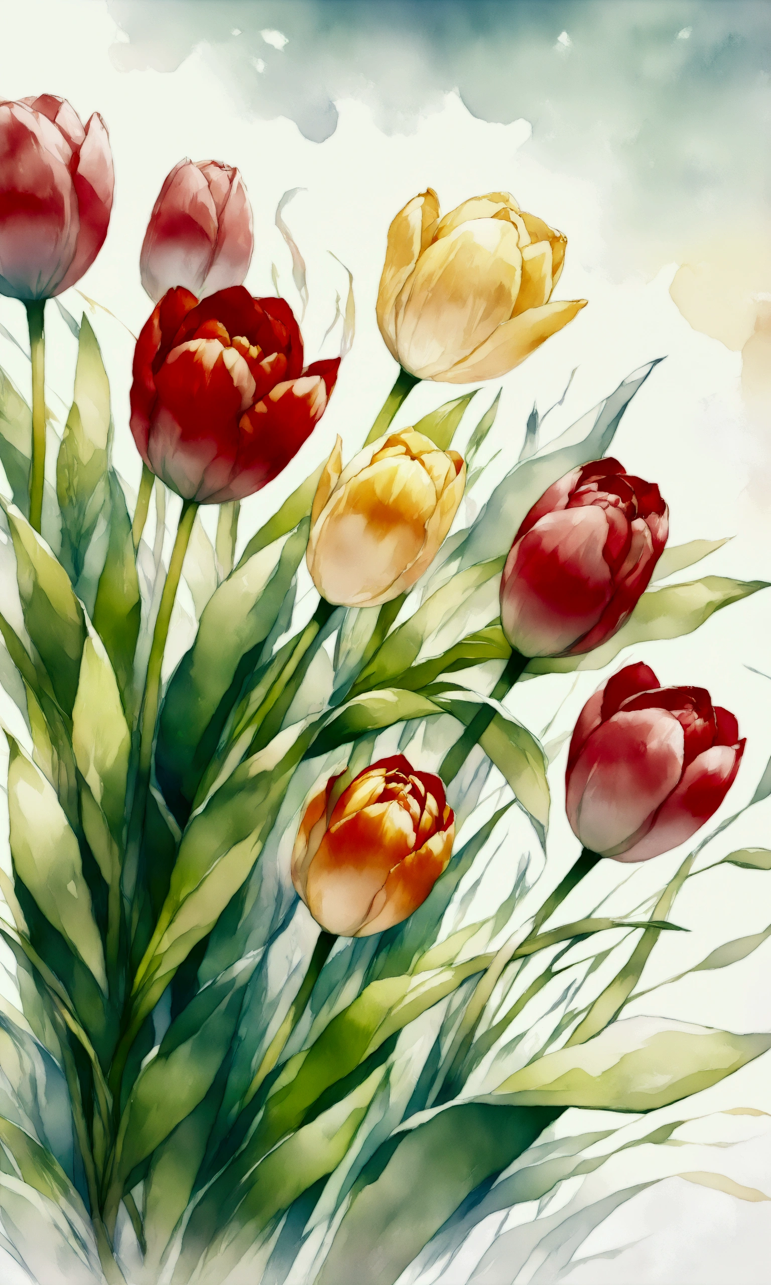 Illustration in watercolor style,(,flower,tulip,),Transparent watercolor,pour watercolor paint,Expressing the blur and blur typical of watercolors,Draw a thick, clear outline,Clarity,soft tones,Use layering techniques,(highest quality:1.4),(ultra detailed:1.5),High resolution,extremely detailed,unity 8k wallpaper