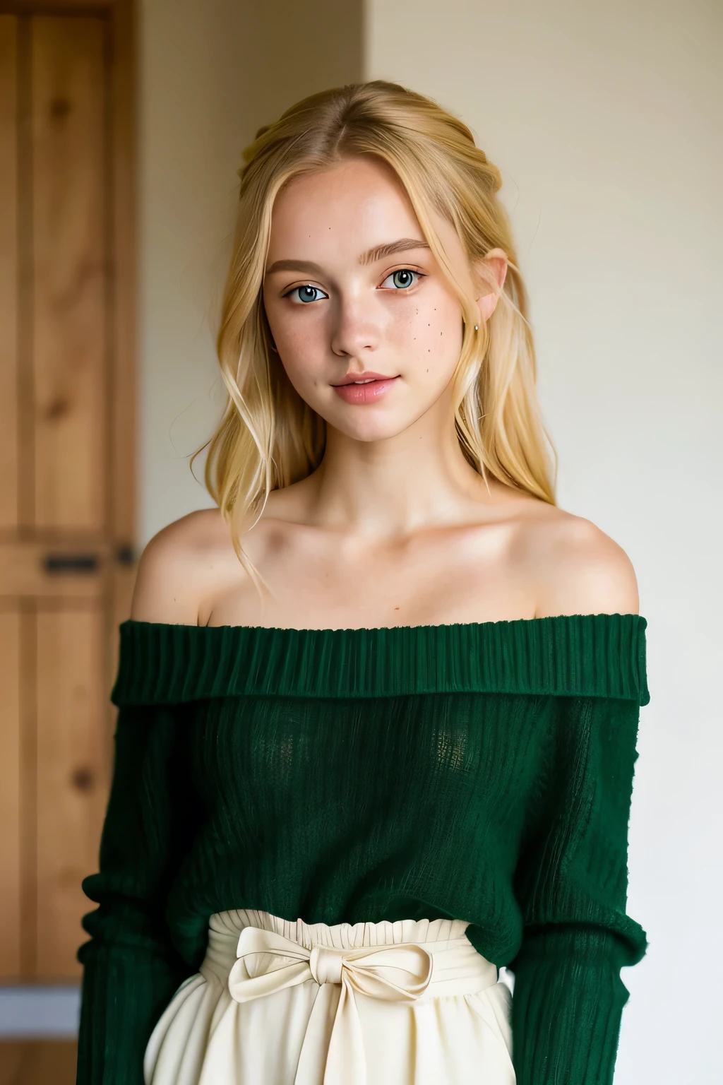 ((best quality)), ((masterpiece)), (detailed), 1 girl, Off-the-shoulder sweater, A small girl like Raphalia from shield Hero, blonde hair small , NUDE, bright green eyes, freckles