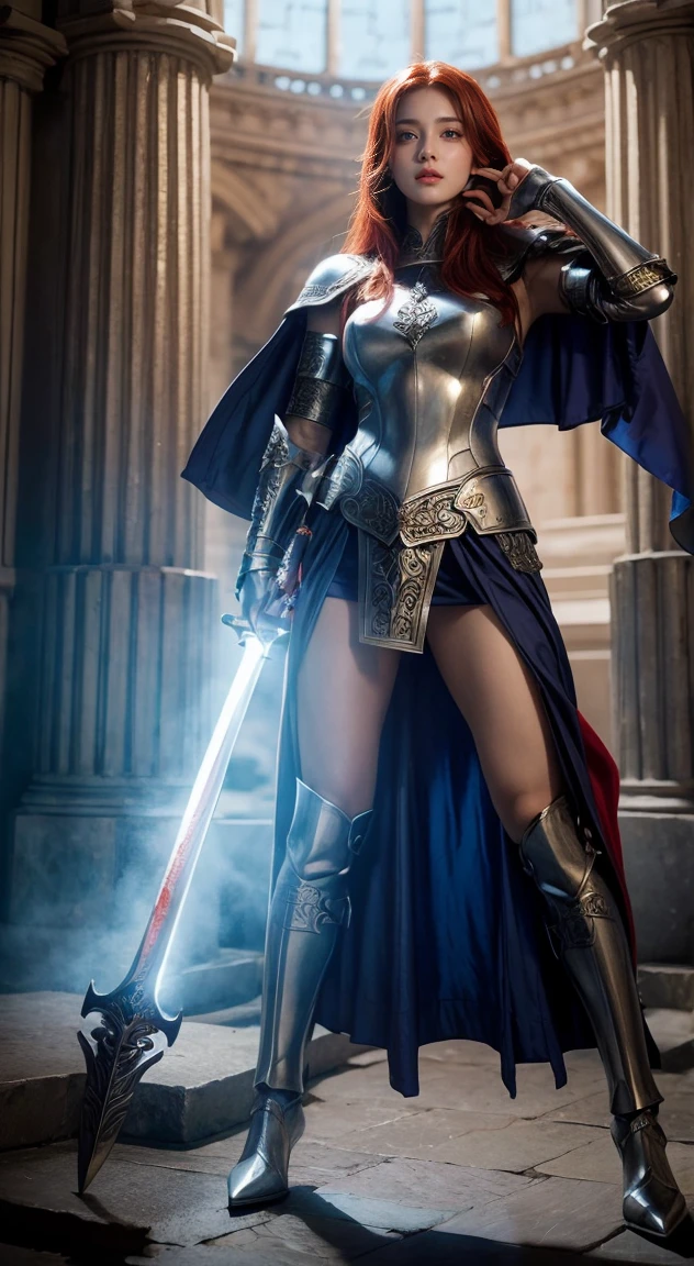 Ultra-realistic fantasy warrior: Full-body Fierce redhead woman, blue armor, white dress. Wielding an ornate bloodied sword. Flowing red cape. Medieval domed building background. 90s anime style, vibrant colors. Low angle view, heroic pose. Detailed armor plates, and intricate sword design. Determined expression, visible battle wounds. Dramatic lighting, and strong contrast. Hand-drawn aesthetic with cel shading. A blend of action and sensuality.