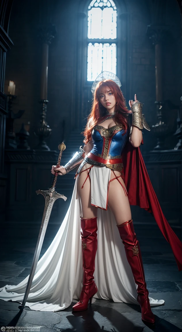 Ultra-realistic fantasy warrior: Full-body Fierce redhead woman, blue armor, white dress. Wielding an ornate bloodied sword. Flowing red cape. Medieval domed building background. 90s anime style, vibrant colors. Low angle view, heroic pose. Detailed armor plates, and intricate sword design. Determined expression, visible battle wounds. Dramatic lighting, and strong contrast. Hand-drawn aesthetic with cel shading. A blend of action and sensuality.