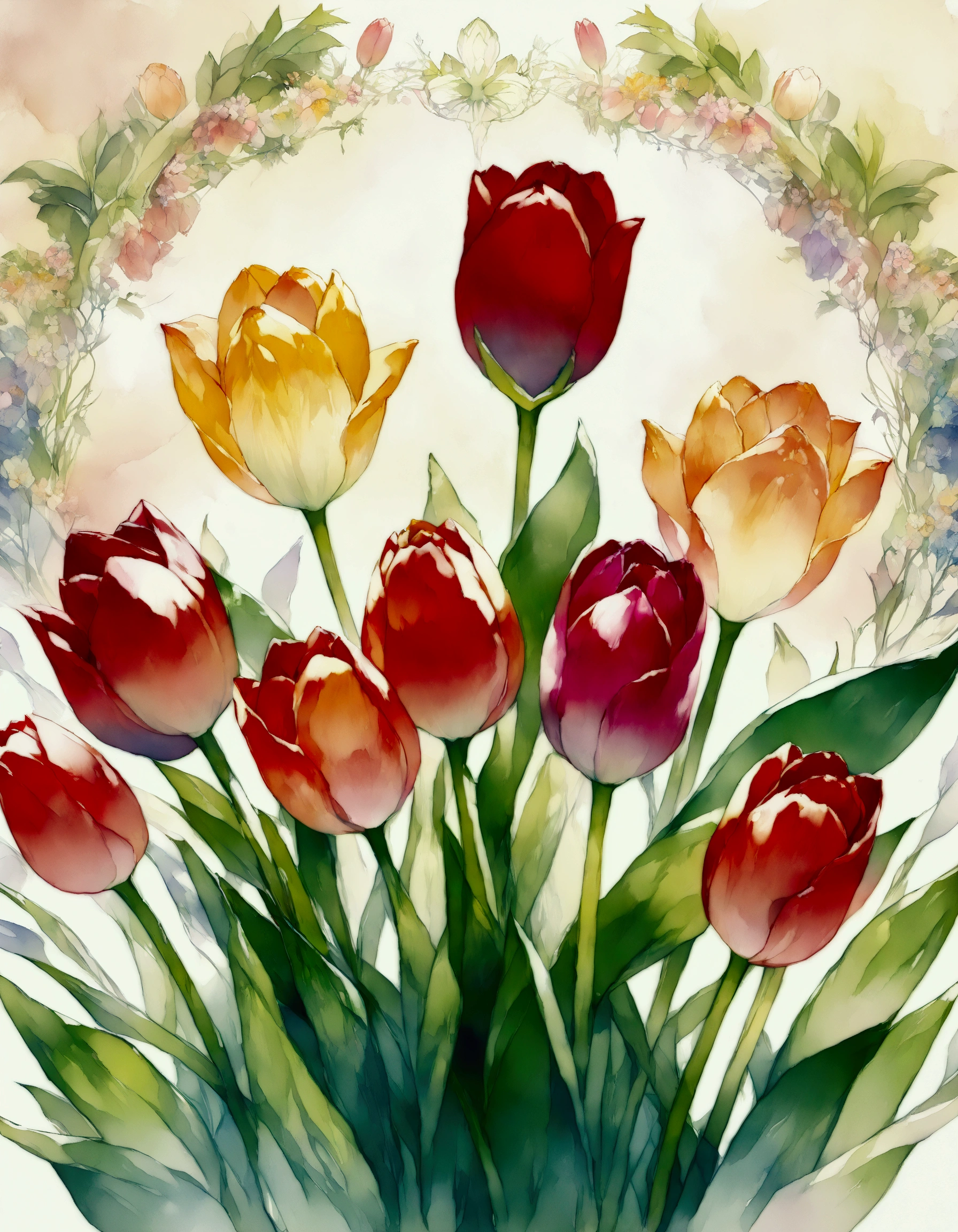 Illustration in watercolor style,(,flower,tulip,),Transparent watercolor,pour watercolor paint,Expressing the blur and blur typical of watercolors,Draw a thick, clear outline,Clarity,soft tones,Use layering techniques,(highest quality:1.4),(ultra detailed:1.5),High resolution,extremely detailed,unity 8k wallpaper,artwork,decorative