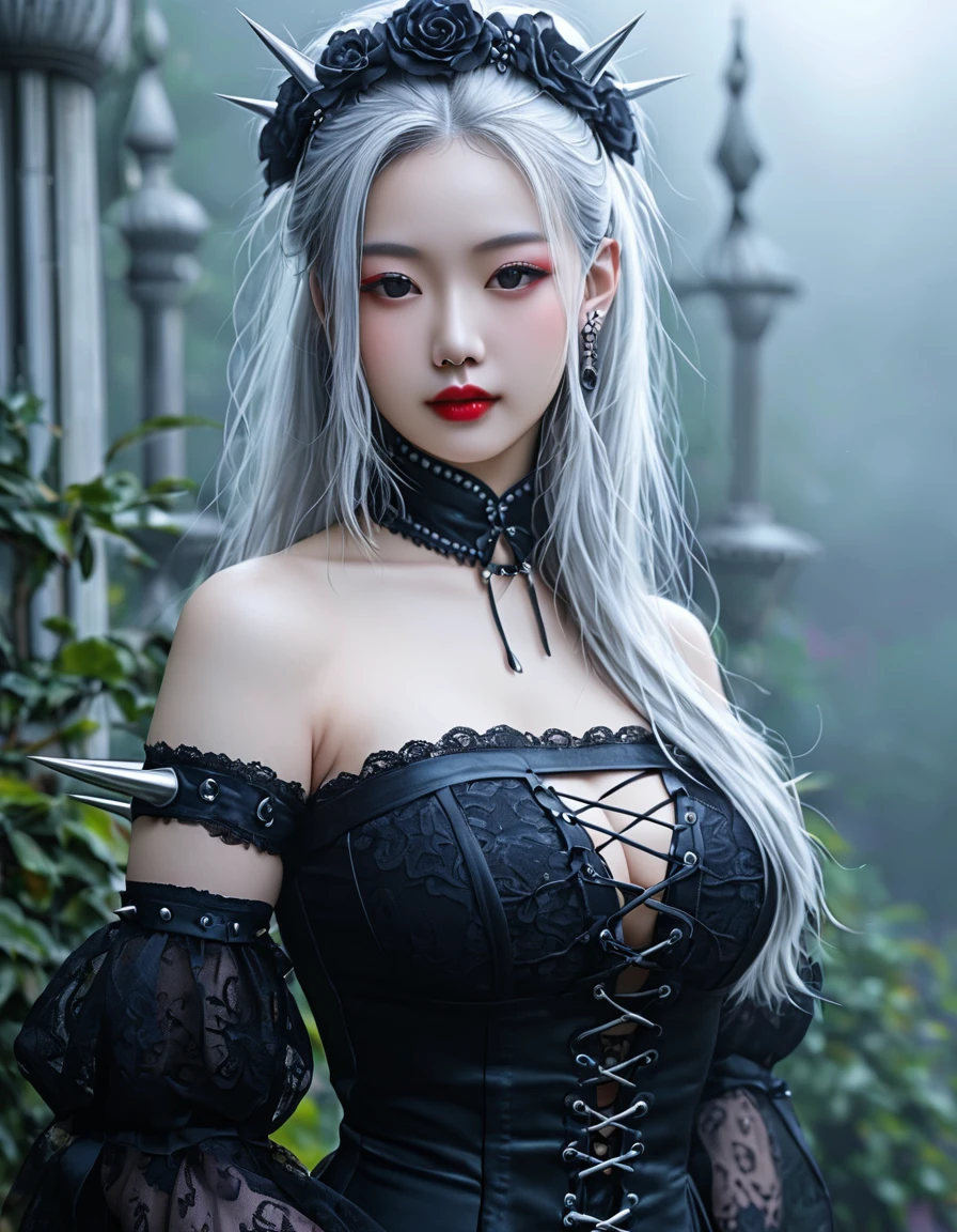 image Korean woman in her twenty fifth year wearing a gothic outfit her hair is made up with silver strands intertwine with her hair a moody background of spikes darkness spirals behind the mist hanging in the garden in the evening