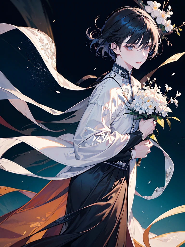 Chinese anime style, young man character posing freely, looking at the viewer, serious and delicate expression, androgynous young man, masterpiece, long dark hair fluttering in the wind, celestial, decorated with a hairpin, long flowing white robes, short man, small waist, cherry lips, beautiful pale skin, masterpiece, perfect details, sad young man, detailed, Youthful appearance, Man holding black and white flowers, dusk background, night, Warm and cold lights, striking, maximum quality, cold expression, White flowers around, perfect fingers, young perfect body, bright eyes of different color, long eyelashes, White flowers around de la cabeza