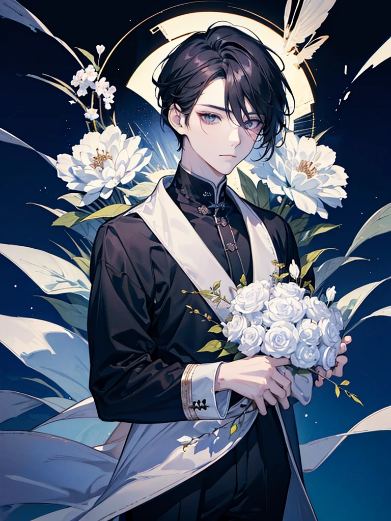 Chinese anime style, young man character posing freely, looking at the viewer, serious and delicate expression, androgynous young man, masterpiece, long dark hair fluttering in the wind, celestial, decorated with a hairpin, long flowing white robes, short man, small waist, cherry lips, beautiful pale skin, masterpiece, perfect details, sad young man, detailed, Youthful appearance, Man holding black and white flowers, dusk background, night, Warm and cold lights, striking, maximum quality, cold expression, White flowers around, perfect fingers, young perfect body, bright eyes of different color, long eyelashes, White flowers around de la cabeza