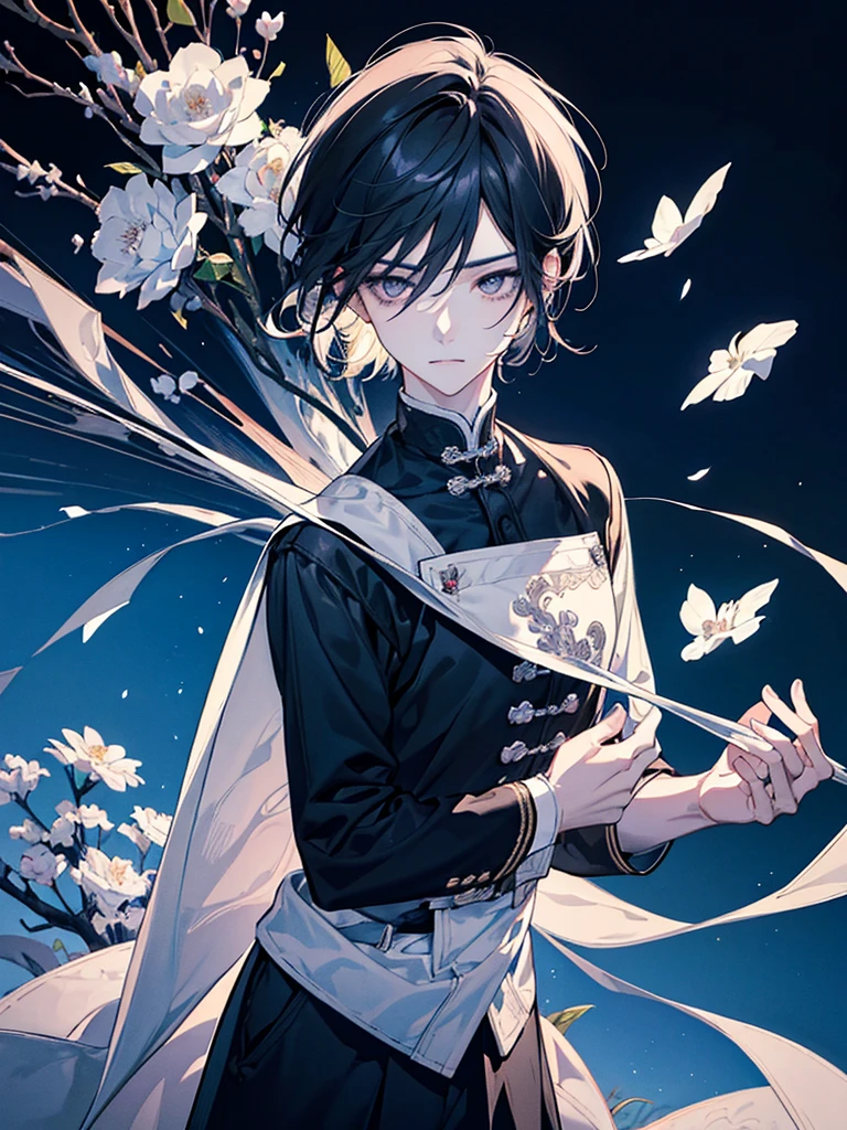 Chinese anime style, young man character posing freely, looking at the viewer, serious and delicate expression, androgynous young man, masterpiece, long dark hair fluttering in the wind, celestial, decorated with a hairpin, long flowing white robes, short man, small waist, cherry lips, beautiful pale skin, masterpiece, perfect details, sad young man, detailed, Youthful appearance, Man holding black and white flowers, dusk background, night, Warm and cold lights, striking, maximum quality, cold expression, White flowers around, perfect fingers, young perfect body, bright eyes of different color, long eyelashes, White flowers around de la cabeza