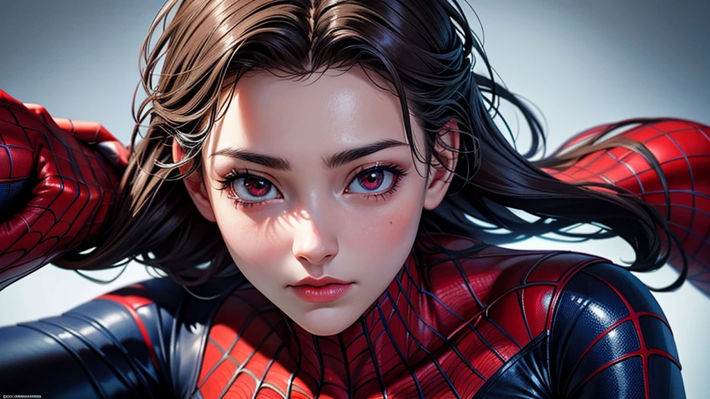 Closeup photo portrait of female Spiderman, atmospheric scene, masterpiece, best quality, (detailed beautiful face, detail skin texture, ultra-detailed body:1.1),