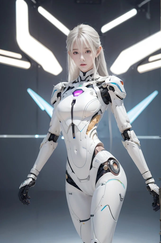 best quality, 1080P, Masterpiece, Ultra high resolution, photorealistic photo, ultra realism, Realistic skin texture, Extreme skin detail, dslr, Detailed eyes, Facing the camera, Very beautiful face, Firm facial structure, Pale skin, Realistic skin texture, Extreme skin detail, oc render reflection textures, Realistic light and shadow, The body is slender and balanced.., Age 20, Height 170, สาวbare, bare, no underwear, A girl with the body of a mechanical robot.., Transparent futuristic black glass mech armor., The mechanical cervix is stuck in the neck.., Flat stomach, Woman with perfect mechanical arms and legs, full body view, Whole body photo.
