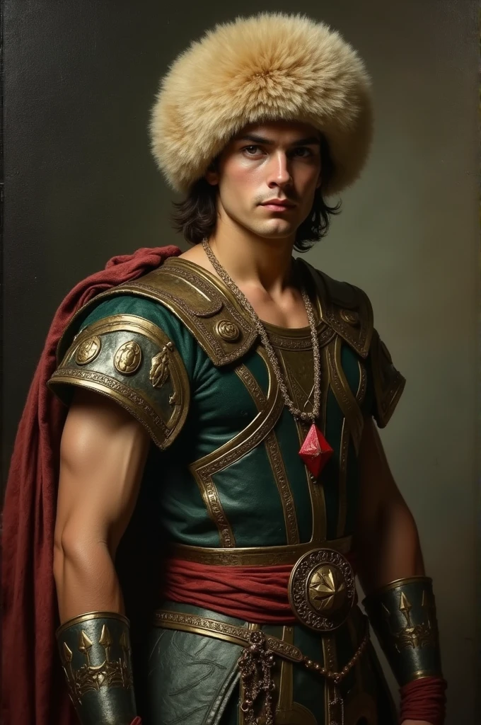 {{Masterpiece, best quality, oil painting, by Théodore Géricault, male focus, high resolution, muted colors}}, the composition is: (((((a dramatic half body portrait of a 25 year old ancient Roman brigand, sexy, tan skin, magnificent, wearing a beige Russian fur hat, he is wearing a red diamond shape pendant))))). ((((He is wearing orange roman uniform made of tiger leather, with samurai inspired elements, Slavic inspired elements)))).