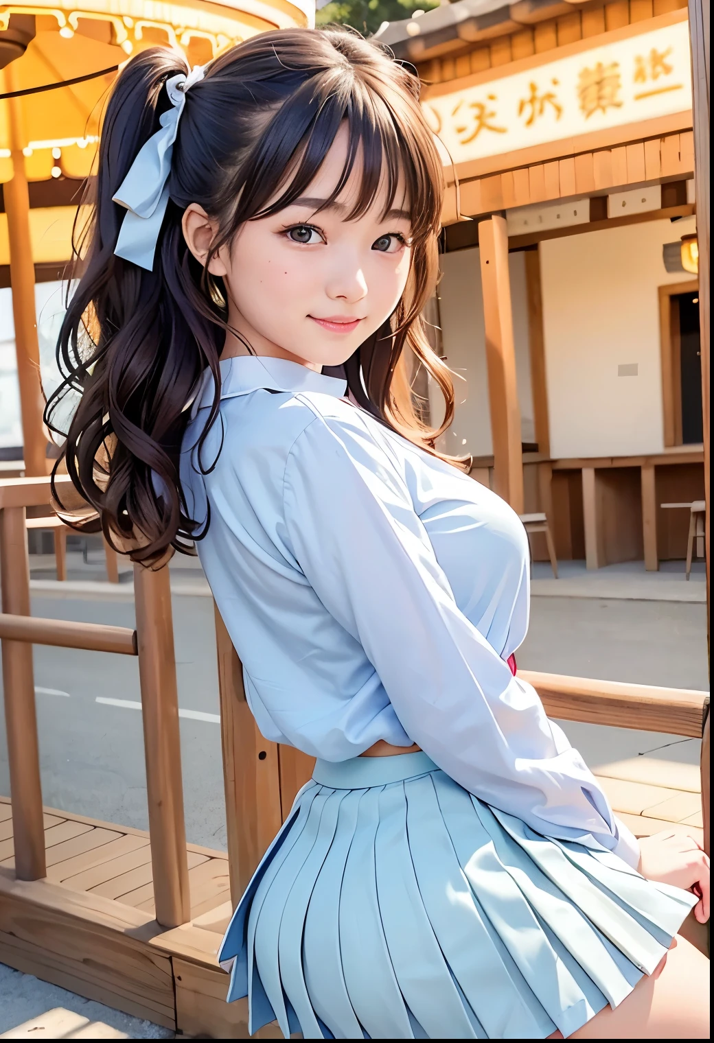 (Highest quality,masterpiece:1.3,Ultra-high resolution),(Very detailed、Caustics) (Realistic:1.4, RAW shooting、)Ultra-Realistic Capture、Very detailed、Natural skin texture、masterpiece、(A Japanese elementary school girl wearing a light blue blouse and pleated skirt:1.3)、Adorable expression、Expressions of happiness、10 years old、height: 140cm、Baby Face、Pure girl、Amazingly cute、Twin tail hairstyle、Curly Hair、ribbon、Black Hair、Large Breasts、Shining thighs、Shining ass、necklace、Photographed on a merry-go-round at an amusement park、Background details、smile、An inviting gaze、(Anatomically correct)、Cowboy Shot、Attention to detail、