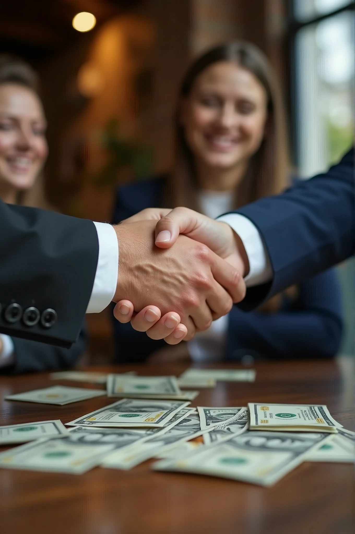 Image with two people shaking hands and money on a table and shows people's faces , imagem ultra realistica e