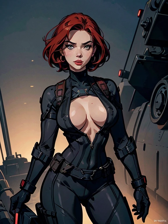 Masterpiece, PhotoRealistic, beautiful detailed eyes, slim athletic body, round breasts, cleavage showing(nipples poking out), ; Scarlett Johansson as Black Widow is often depicted in a sleek, tight black leather suit, which is designed to be both functional for combat and visually striking. Sluty makeup, glistening red lips, Her character typically exudes confidence and strength, often seen smiling or with a determined expression. In this iconic look, the costume is form-fitting with tactical details, including a low-cut neckline, utility belt, and various accessories like wrist gauntlets and holsters. Her red hair short classic bob hairstyle, complementing her overall fierce and capable persona, she has a flirtatious smile. Tanks and armored vehicles 