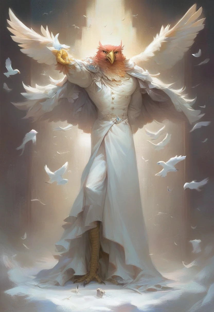 art fantastique, Toi (floor), avian, bird, here, Plumes, corps blanc, winged arms, white Plumes, Muscle, clothes, ssmile, Snow background, By meetings, by Tojo the thief, photorealistic, elegant, realistic, head of'artwork, 4K, sharpness