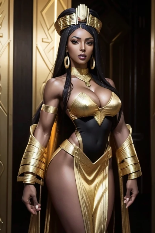 Ethiopian woman, ethnically Ethiopian, muscular and athletic woman, in early thirties, wearing black and gold luxtech, ethnic jewelry, cyberpunk themed, sexy, not safe for work, scantily clad, dressed seductively, showing skin, exposed hips, visible cleavage, medium breast, wearing ssahc, bodybuilder, well defined muscles