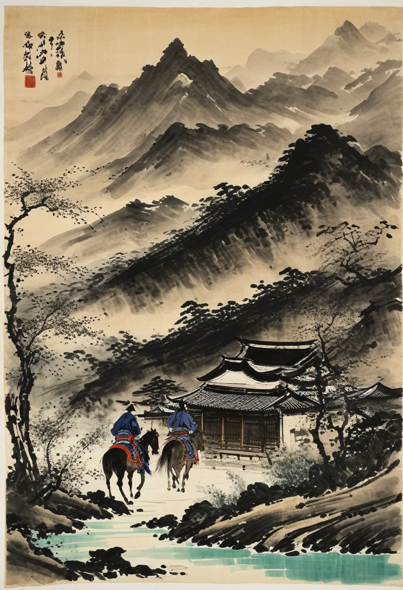 Ink painting of mountains with a samurai on horse back