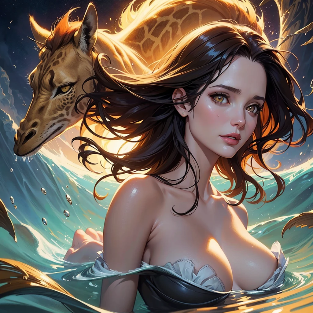golden hour, front view oil painting of a woman with face of Winona Ryder morphed with Angelina Jolie laughing with gigantic hairdo floating on water, giraffe morphed with lion emerges from water in the background, tears of joy, storks, stunning digital illustration, beautiful fantasy art portrait, a beautiful artwork illustration, charlie bowater rich deep colors, artstyle tom bagshaw, beautiful digital illustration, beautiful fantasy portrait, portrait of a dark fantasy nymph, exquisite digital illustration, in style of anna dittmann