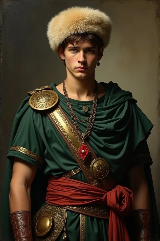 {{Masterpiece, best quality, oil painting, by Théodore Géricault, male focus, muted colors}}, the composition is: (((((a dramatic half body portrait of a 18 year old ancient Roman gladiator, sexy, magnificent, wearing a beige Russian fur hat, he is wearing a red diamond shape pendant))))). ((((He is wearing a dark green lorica armor made of velvet, alligator leather, with ronin inspired elements, Slavic inspired elements, wearing a satin sash)))).