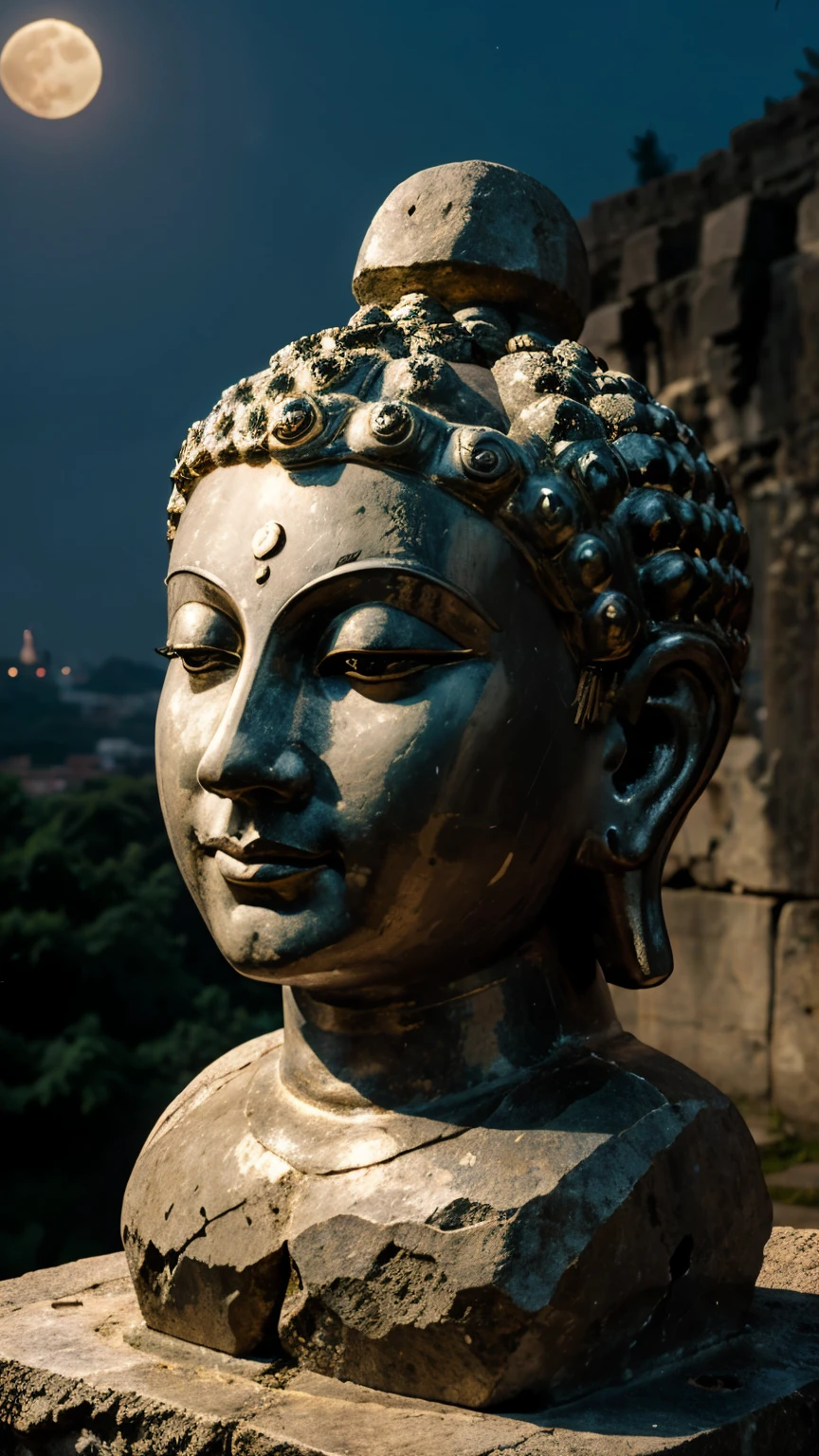 Head of buddha from stone with beatifull full moon background